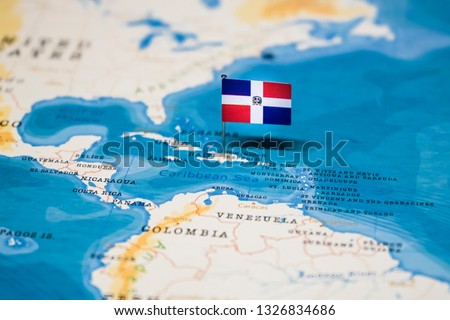 the Flag of dominican republic in the world map Royalty-Free Stock Photo #1326834686