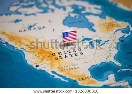 the Flag of United States, USA, US in the world map Royalty-Free Stock Photo #1326838310