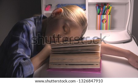 Child Sleeping, Tired Eyes Girl Portrait Studying, Reading, Kid Learning Library