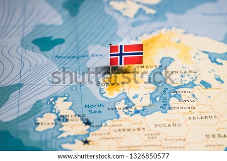 the Flag of norway in the world map Royalty-Free Stock Photo #1326850577