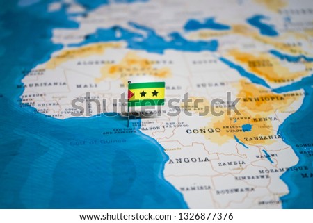 the Flag of sao tome and principe in the world map Royalty-Free Stock Photo #1326877376