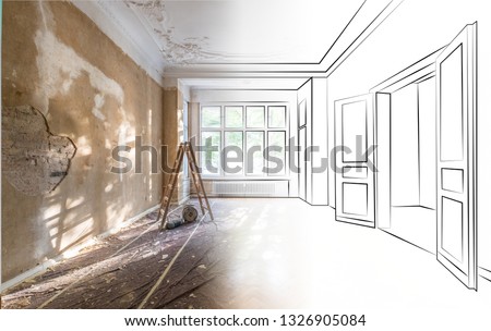 apartment room during renovation merged with outline drawing / sketch of the room 
