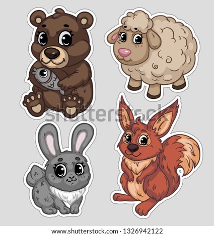 A set of stickers with the little animals. Vector isolated illustration.