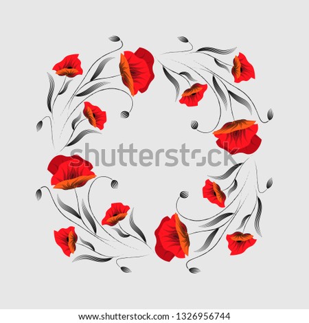 Floral frame. Poppy wreath. Red poppy flower .