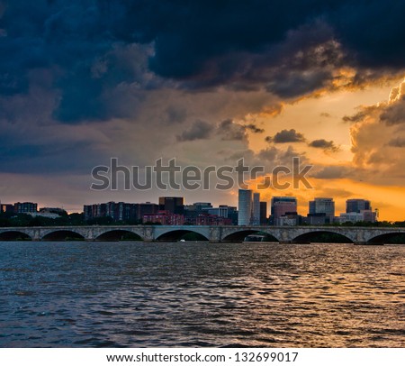 Sunset over the Arlington Memorial Bridge and Rosslyn Skyline on the Potomac River, seen from Washington, DC