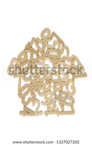 Wooden figures house shape concept on white background.