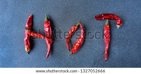 the word "hot" from red chili peppers, food letter. dark background, selective focus and copy space