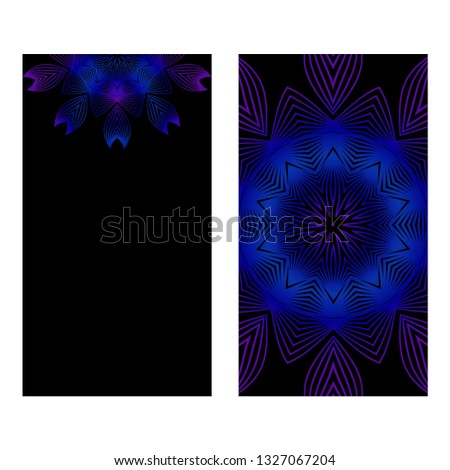 Design Vintage Cards With Floral Mandala Pattern And Ornaments. Vector Template. Islam, Arabic, Indian, Mexican Ottoman Motifs. Hand Drawn Background. Black blue purple color.
