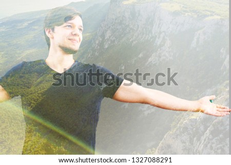 double exposure man and mountains. travel concept