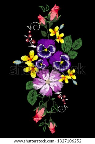 Embroidery bouquet of different garden flowers, roses, lilies, forget-me-not, violet for your design.
