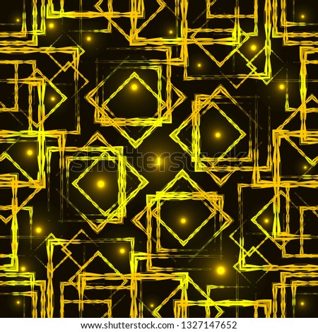 Yellow diamonds and squares with golden highlights in the intersection on a dark background. Bright abstract pattern of geometric carved and fancy shapes.