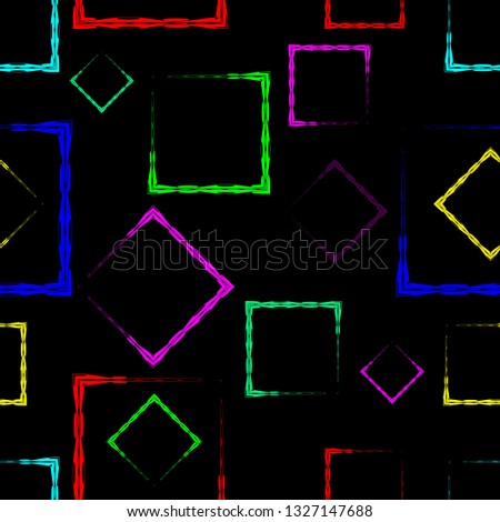 Multicolored rhombuses and squares on a black background. Bright abstract pattern of geometric carved and fancy shapes.