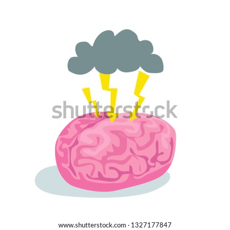 Vector illustration of pink cute brain with three lightnings and stormy cloud like brainstorming drop shadow isolated on white background.