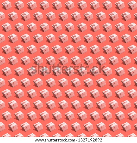 Cartoon resent boxes seamless pattern for birthday spring christmas new year design 3d style. Wrapping giftboxes in polca dots with bowls isometric for print