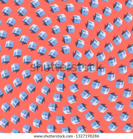 Beautiful giftboxes seamless pattern isometric. Amazing presents ornament with honey blue bows and polka dots on coral background. Wrapping paper design similar images 3d style