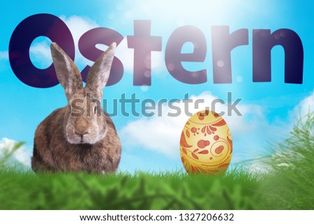 Cute brown Easter rabbit in the nature. German text: Easter