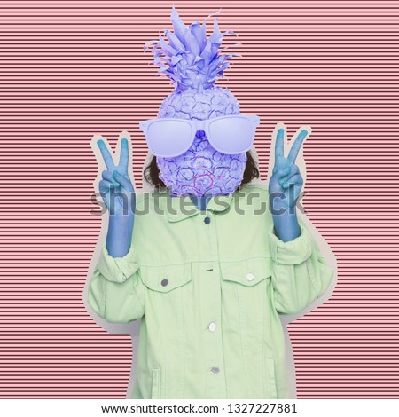 Modern art collage. Female alien model with the big pineapple in sunglasses instead head on psychedelic stripes background.   