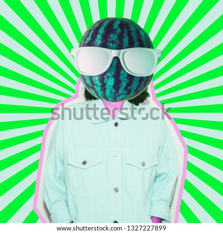 Modern art collage. Female alien model with the big watermelon in sunglasses instead head on psychedelic stripes background.   