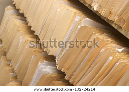 Rows of File Folders Arranged on Shelf with Client Data in Office Setting