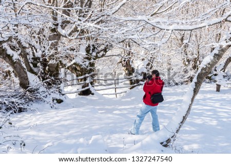 Nature photographer in snow covered winter garden