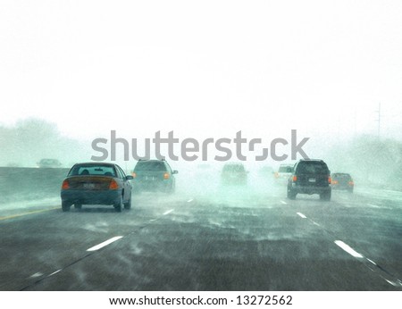 Picture of traffic on the freeway during a snow storm