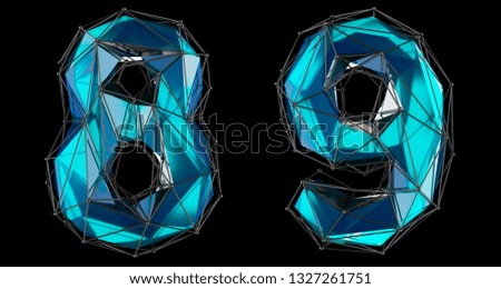 Number set 8, 9 made of realistic 3d render blue color. Collection of low polly style symbol isolated on black background