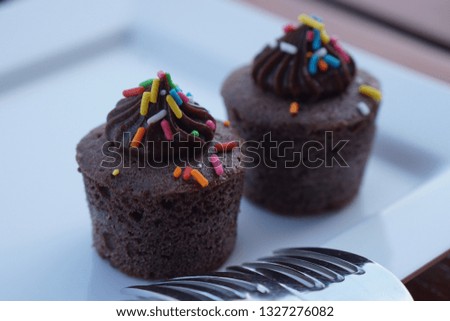 two chocolate muffins cupcakes on top with colorful decoration on the white plate and forks in the photo for afternoon tea time with soft focus background