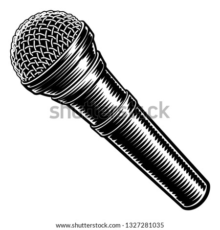 Microphone or mic in a vintage intaglio woodcut engraved or retro propaganda style