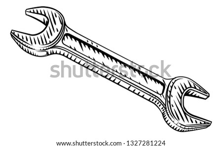 Plumbers or mechanics spanner or wrench in a vintage intaglio woodcut engraved or retro propaganda style