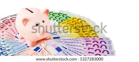 Euro and piggy bank against white background