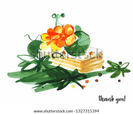 Yellow, orange illustration flowers. Spring blossoms watercolor. 