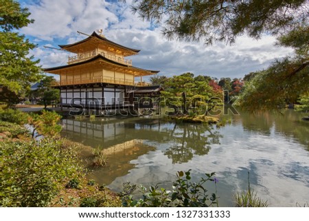 Kinkakuji (Golden Pavilion) is a Zen Buddhist temple in Kyoto, Japan, with top two floors covered in gold leaf