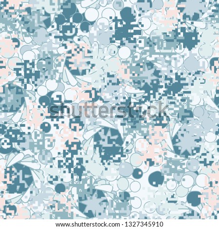 Seamless pattern. Fashionable texture in camouflage style. The top layer is pixel. 
Background consisting of seven-sided figures.