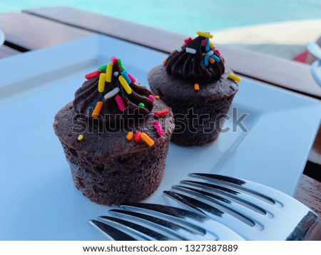 two chocolate muffins cupcakes on top with colorful decoration on the white plate and forks in the photo for afternoon tea time with soft focus background