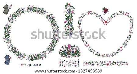 Vector illustration with floral circle, heart, brushes, cats, flowers and herbs elements. Beautiful set made of doodling flowers for spring design. 