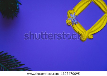 Purple background with yellow frame and flowers and plants 