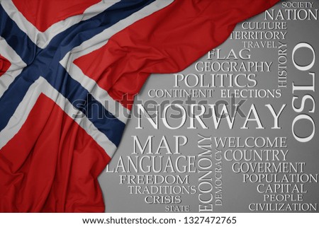 waving colorful national flag of norway on a gray background with important words about country . concept