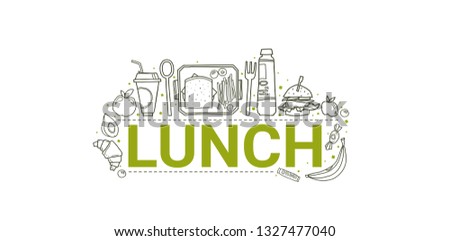Lunch icons set banner design concept, flat style with hand drawn icons isolated on white background. Vector illustration