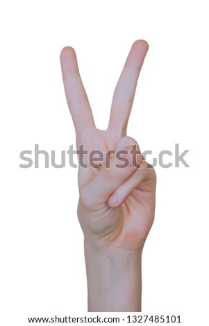 Victory sign, woman hand gesture on white backgrounds