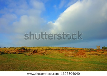 Panorama view of the Granite rock formation known as the Cheesewring under stormy clouds in winter, near Minions on Bodmin Moor, Cornwall, England United Kingdom, Europe