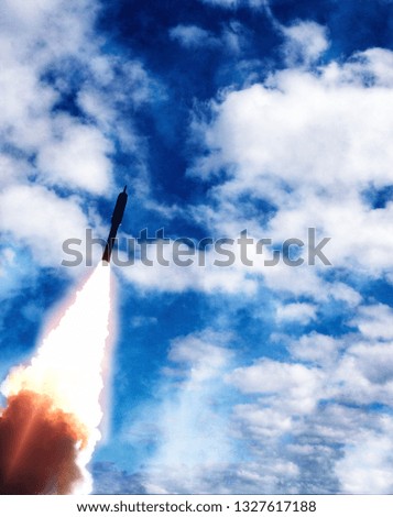 Rocket. Cloudy sky. Space mission. Launch of the spacecraft. The elements of this image furnished by NASA.