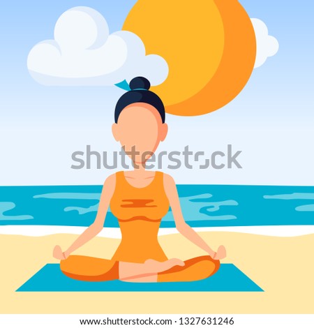 Mental health concept. Relaxed woman meditating on the beach. Vector illustration in flat style.