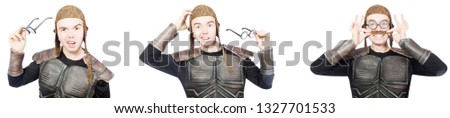 Young funny man in armour suit 