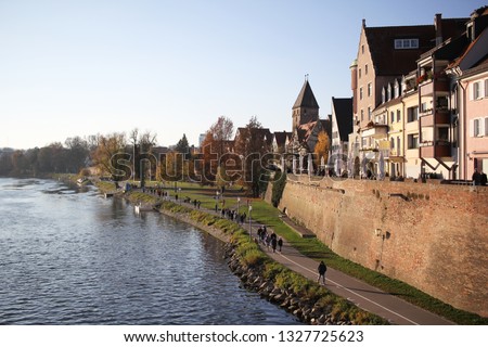Walking path way nearby the Danube river and state park of ancient Ulm old city wall, Germany, Baden-Württemberg, Travel destination advertisement backgrounds,
