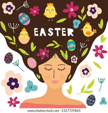 Vector illustration of woman with spring flowers, Easter eggs, chicks  in her hair . Easter greeting. Design for poster, card, invitation, brochure and other. 
