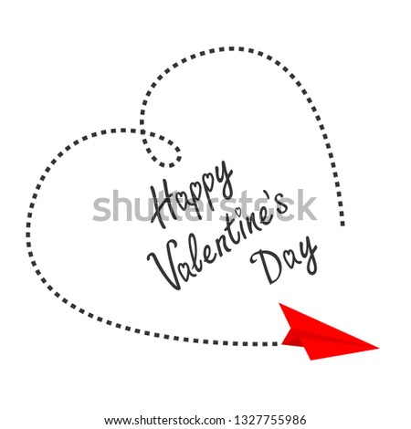 Red flying origami paper plane. Big dash heart in the sky. Happy Valentines Day Love card. Flat design. White background. Isolated. 