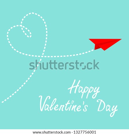 Happy Valentines Day. Red origami paper plane. Dash heart in the sky. Love card. Flat design. Isolated. Blue background. 