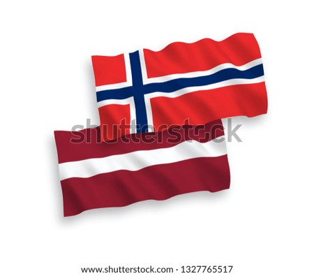 National vector fabric wave flags of Latvia and Norway isolated on white background. 1 to 2 proportion.