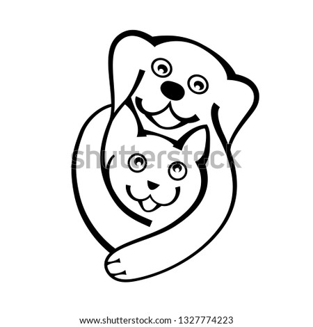 Dog and cat hug together with love, for animal lover, veterinary clinics and animal shelters homeless, logo vector illustration on white background.
