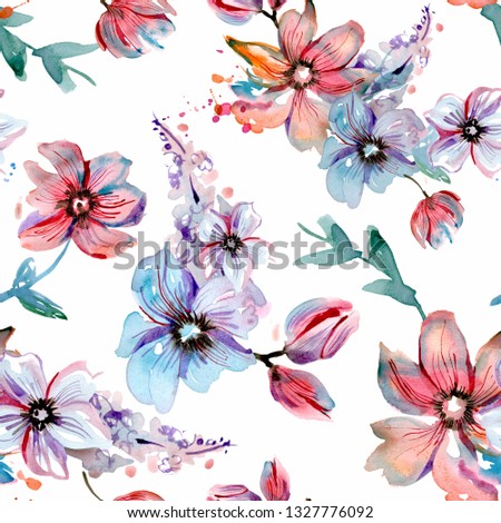 Watercolor hand painted seamless pattern with pink and blue flowers on a white background Royalty-Free Stock Photo #1327776092